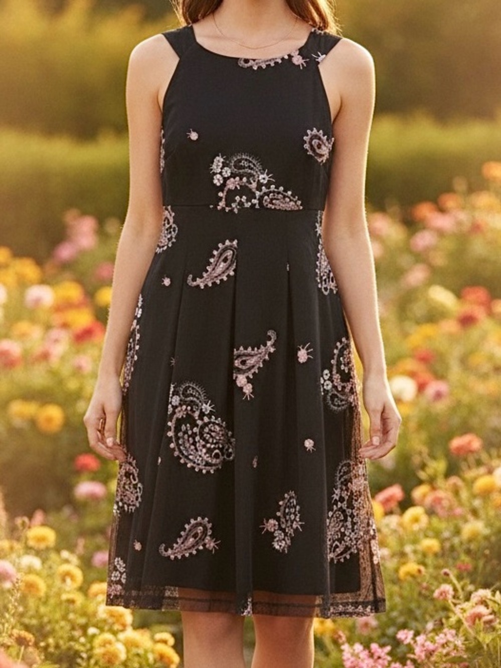 NWT Nine West Black Pink Paisley Embroidered A-Line Sleeveless Dress Size 8